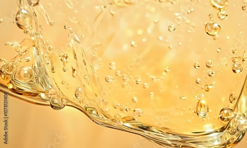 Golden Liquid Splash: Close-up of a glistening, golden liquid splashing, creating a dynamic and abstract pattern of bubbles and ripples. The image captures the essence of movement, fluidity.