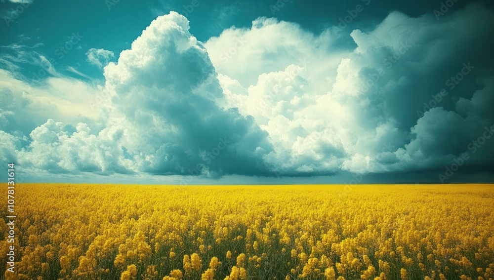 Obraz premium Dramatic Sky Over a Field of Yellow Flowers