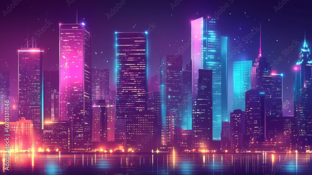 Fototapeta premium A cityscape with neon lights and a waterway in the background