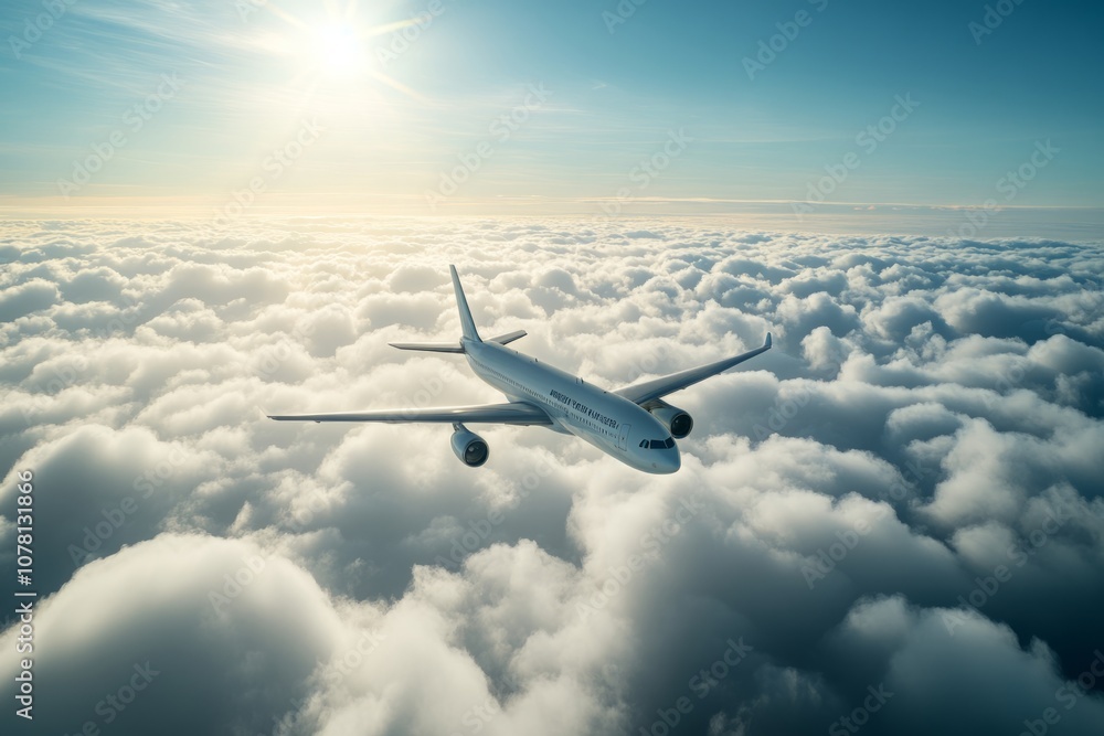 Obraz premium A serene view of an airplane flying above fluffy clouds with sunlight shining down. This image captures the beauty of air travel in a stunning, vibrant style. Generative AI