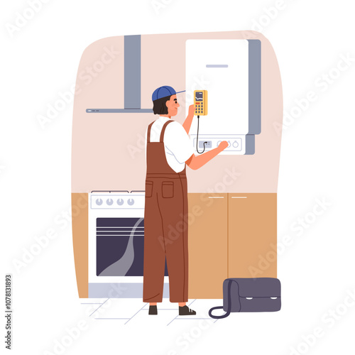 Technician repairing gas equipment. Maintenance service worker, professional checking, fixing boiler, kitchen appliance, maintaining device. Flat vector illustration isolated on white background