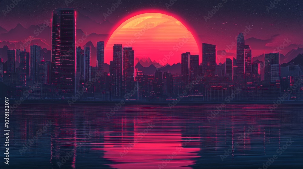 Fototapeta premium A city skyline with a large red sun in the background