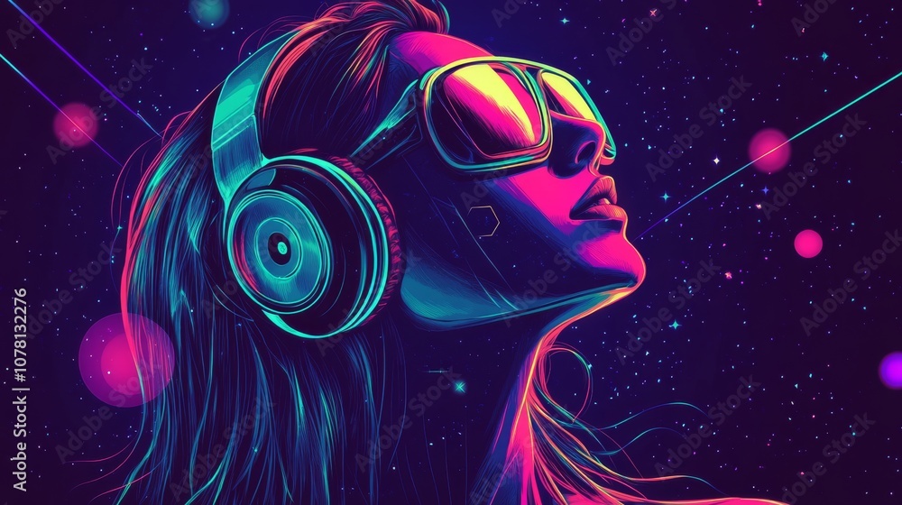 A woman wearing headphones and sunglasses is looking up at the sky A woman wearing headphones and sunglasses is looking up at the sky