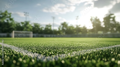 A close-up view of a well-maintained soccer field with goalposts in the background under a sunny sky.