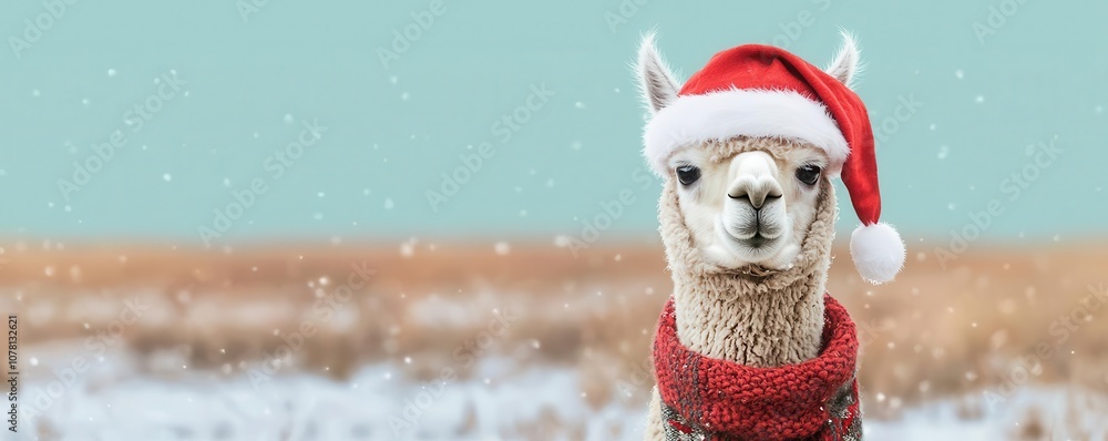 Alpaca wearing a Santa hat and scarf in a snowy field, quirky holiday spirit Alpaca wearing a Santa hat and scarf in a snowy field, quirky holiday spirit