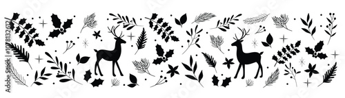 Christmas pattern background vector. Christmas tree, reindeer, ornaments, snowflake on white background. 