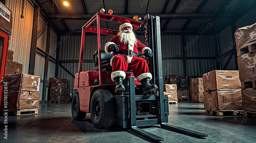 Fototapeta premium A man dressed as Santa Claus sitting on a forklift in a warehouse