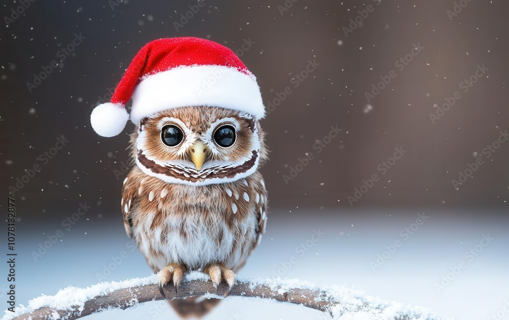 Cute owl wearing a tiny Santa hat perched on a snowy branch, winter wonderland theme Cute owl wearing a tiny Santa hat perched on a snowy branch, winter wonderland theme