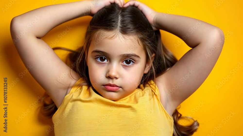 A young girl with brown hair and a yellow shirt lies on her back with her arms raised above her head A young girl with brown hair and a yellow shirt lies on her back with her arms raised above her head