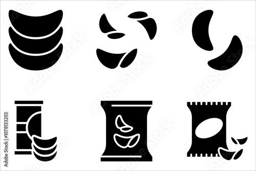 Potato chips line icon set. Salty snacks on white background