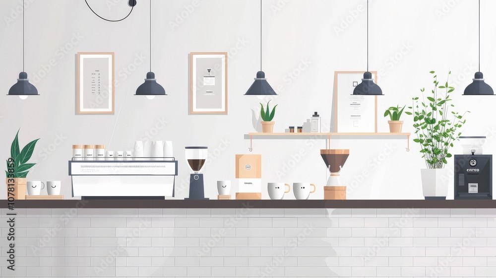 An illustrated scene of a minimalist coffee shop featuring a drip coffee barista station An illustrated scene of a minimalist coffee shop featuring a drip coffee barista station