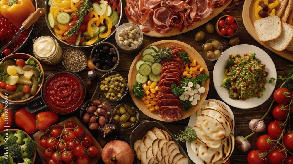 Colorful Spread of Fresh Ingredients and Dishes Colorful Spread of Fresh Ingredients and Dishes