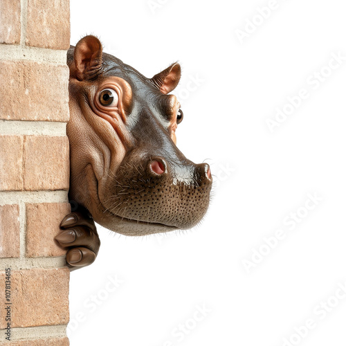 Adorable hippo head peeking from behind brick wall on transparent background clipart photo