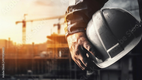 Construction Worker Holding Hard Hat at Industrial Site During Sunset