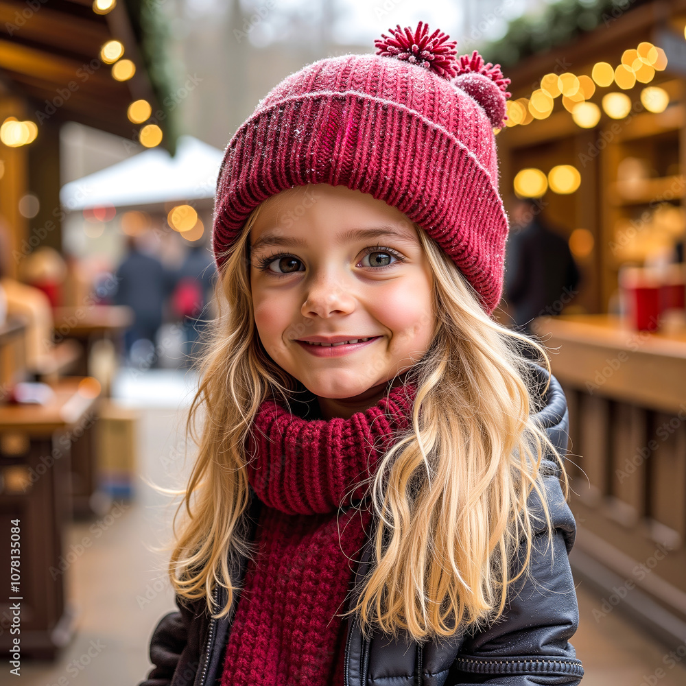 A little girl wearing a red hat and scarf A little girl wearing a red hat and scarf