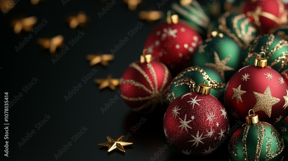 3d render of red and green christmas balls with golden stars. Copy space. 3d render of red and green christmas balls with golden stars. Copy space.
