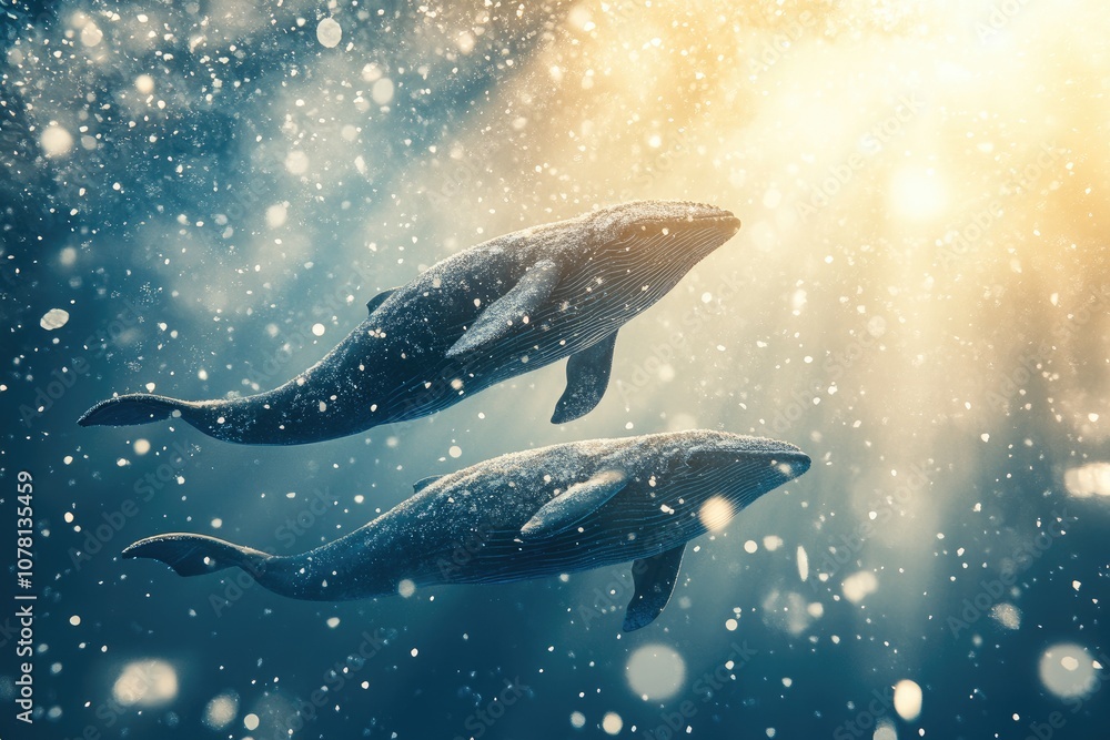 Fototapeta premium Two Whales Swimming in a Sparkling Ocean
