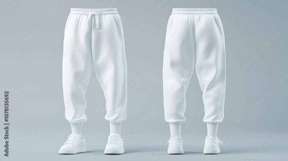 A pair of white sweatpants displayed from the front and back, showcasing a casual clothing design. A pair of white sweatpants displayed from the front and back, showcasing a casual clothing design.