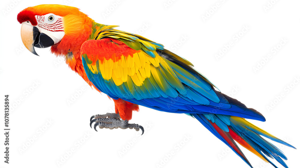 Fototapeta premium Colorful macaw parrot with vibrant feathers isolated on white background, ideal for tropical and exotic design projects