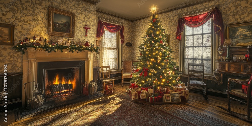 A decorated Christmas tree stands beside a fireplace, its lights casting a warm glow. A decorated Christmas tree stands beside a fireplace, its lights casting a warm glow.
