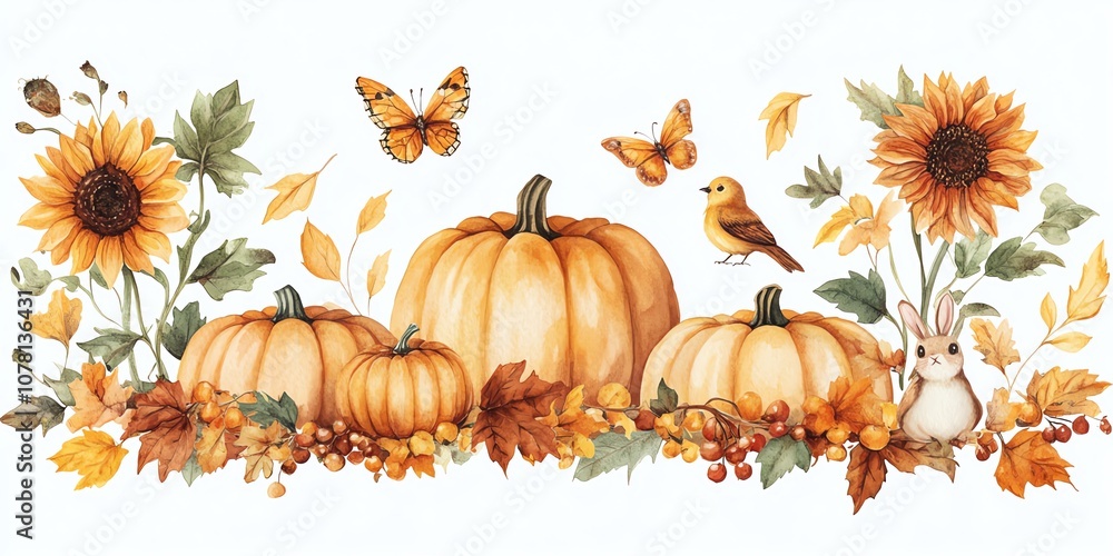 Fototapeta premium Watercolor illustration of pumpkins, sunflowers, butterflies, leaves, and a bunny rabbit.
