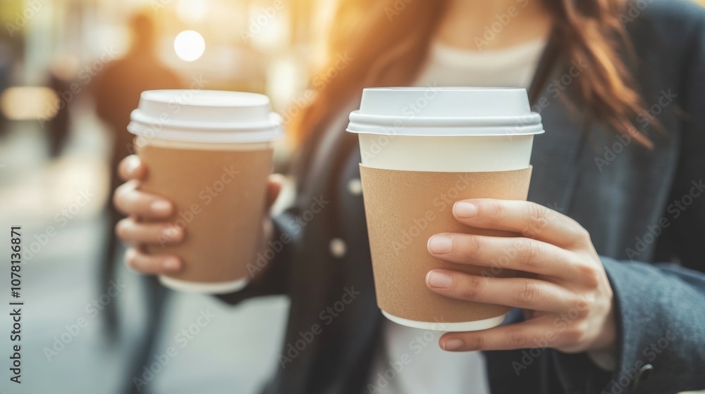Business people having informal meeting while walking outdoors and holding takeaway coffee. copy space. Business people having informal meeting while walking outdoors and holding takeaway coffee. copy space.