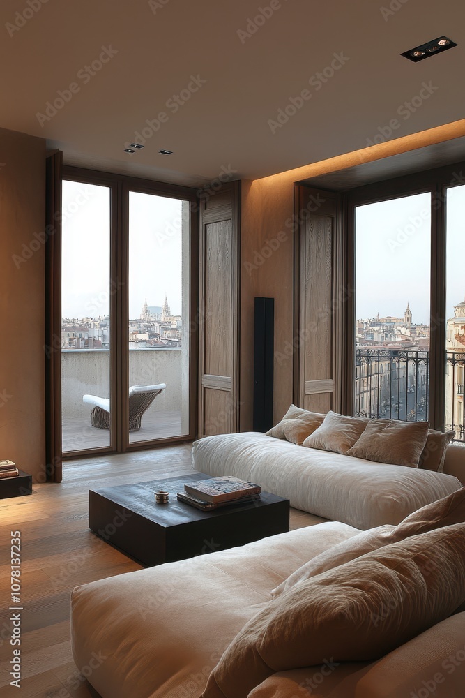 Fototapeta premium Luxurious Modern Living Room with Panoramic City View and Cozy Minimalist Furniture in Warm Tones