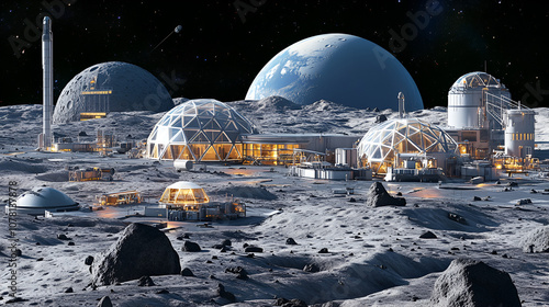 Futuristic moon colony with advanced technology and space exploration in a lunar landscape, featuring dome structures and rugged terrain. Asteroid Mining Station. Illustration photo