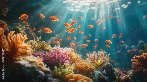 Vibrant Underwater Scene with Colorful Coral Reefs and Tropical Fish in Sunlit Ocean Depths