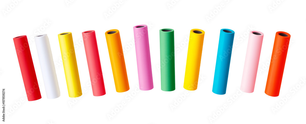 Obraz premium Set of colorful cardboard tubes. Front view, ideal for gift packaging, retail, and product display. Isolated on white background.