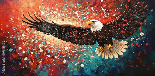 A Bald Eagle in Flight with Colorful Abstract Background.