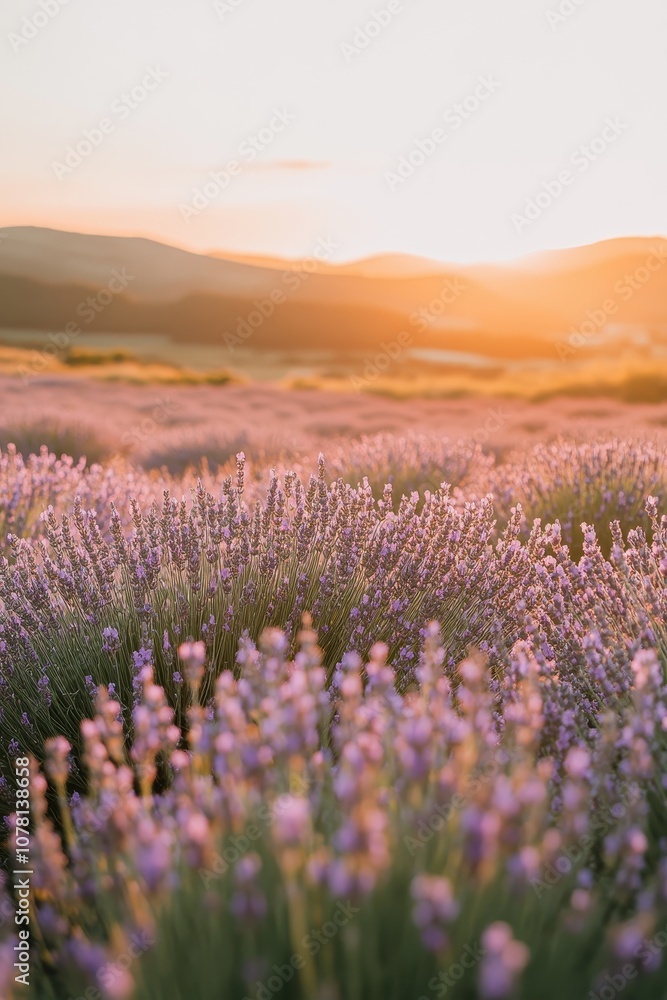 Obraz premium Stunning Lavender Field at Sunset with Golden Light and Rolling Hills in the Background Capturing the Beauty of Nature and Tranquility