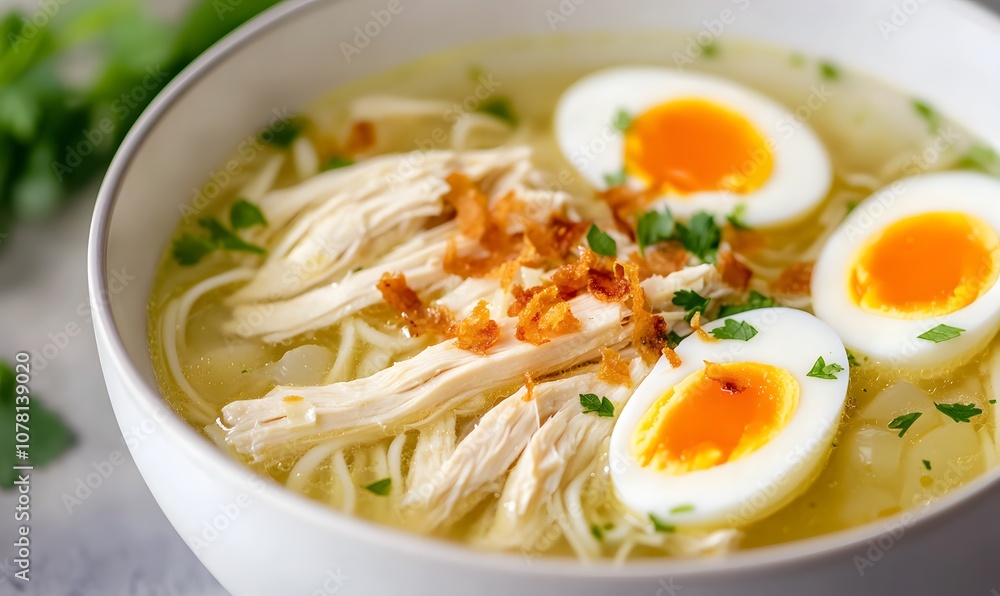 chicken noodle soup with crispy onions, Generative AI chicken noodle soup with crispy onions, Generative AI