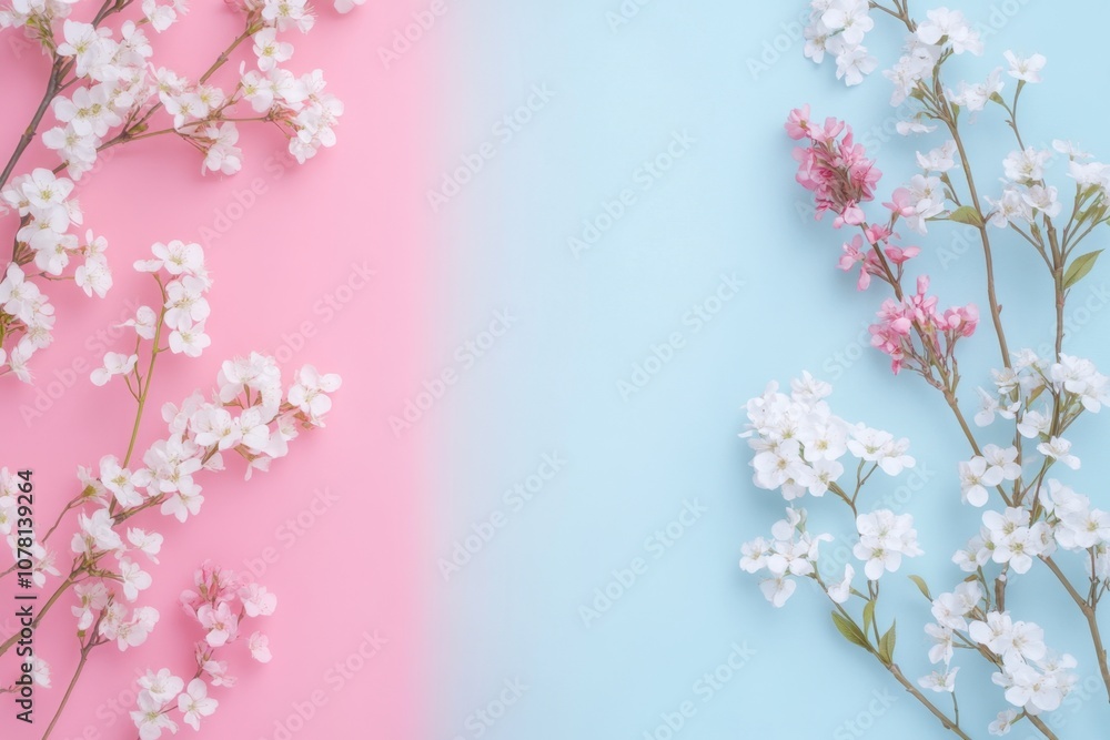 Obraz premium White and pink flowers on pink and blue background.