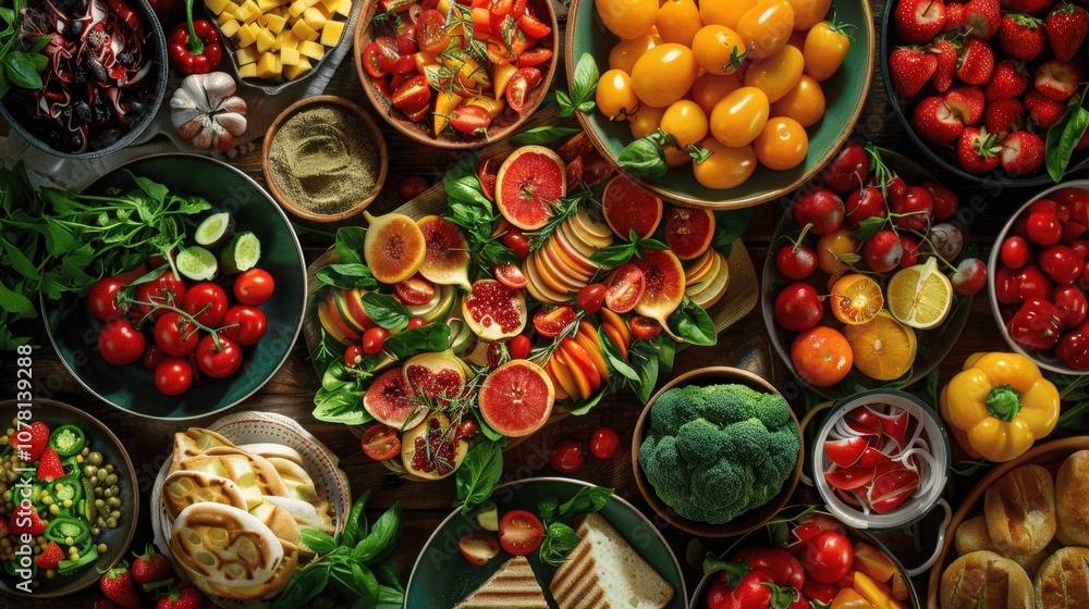 Vibrant Display of Fresh Fruits and Vegetables Vibrant Display of Fresh Fruits and Vegetables
