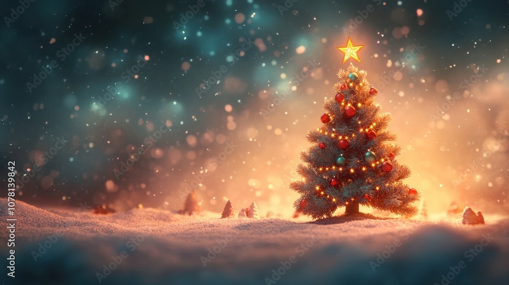 Enchanting Illuminated Christmas Tree in Snowy Winter Wonderland Landscape Enchanting Illuminated Christmas Tree in Snowy Winter Wonderland Landscape