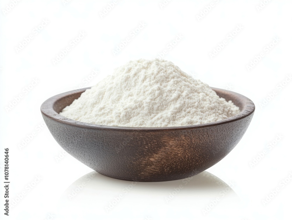 view of white powder in a bowl, isolated on a white background. view of white powder in a bowl, isolated on a white background.
