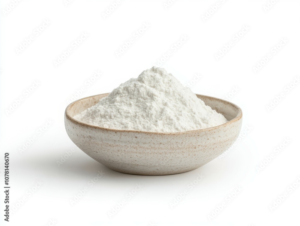 view of white powder in a bowl, isolated on a white background. view of white powder in a bowl, isolated on a white background.