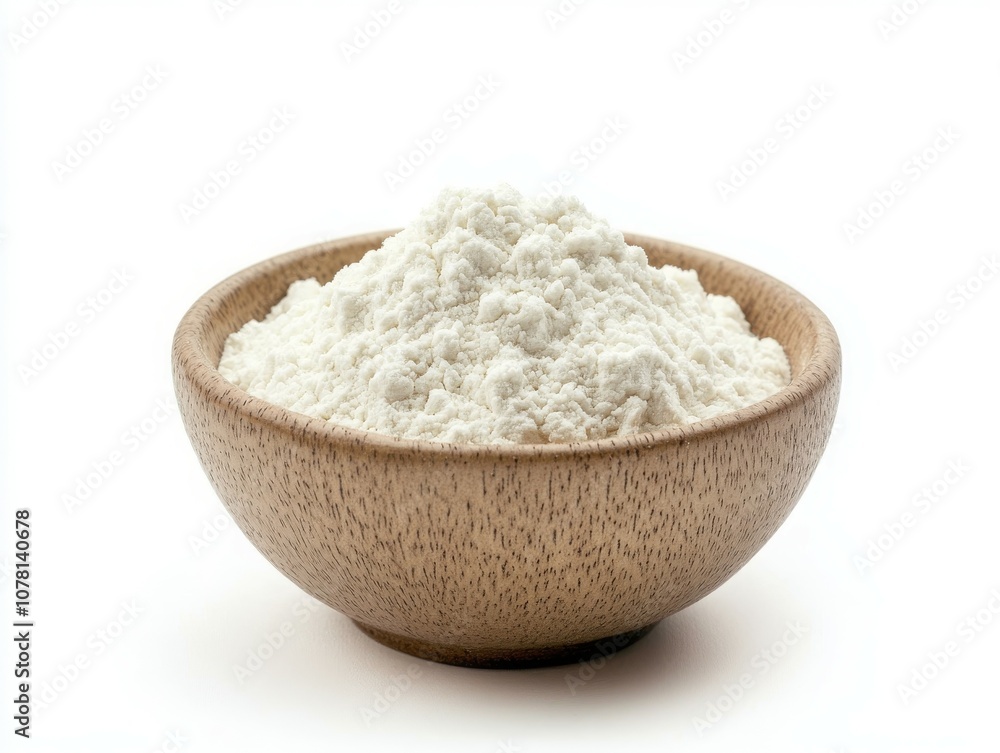 view of white powder in a bowl, isolated on a white background. view of white powder in a bowl, isolated on a white background.