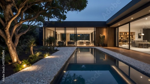 AI-generated modern house blending Spanish  and Australian styles with natural materials  serene backdrops  and varied lighting conditions