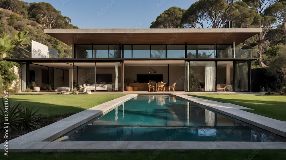 Fototapeta premium AI-generated modern house blending Spanish, and Australian styles with natural materials, serene backdrops, and varied lighting conditions