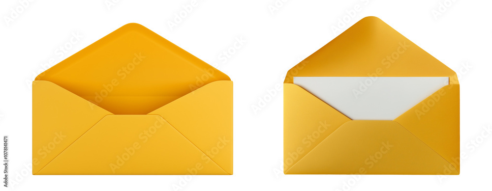 set of Yellow Open Envelopes with One Showing Inserted Letter, Isolated on Transparent Background, top view set of Yellow Open Envelopes with One Showing Inserted Letter, Isolated on Transparent Background, top view