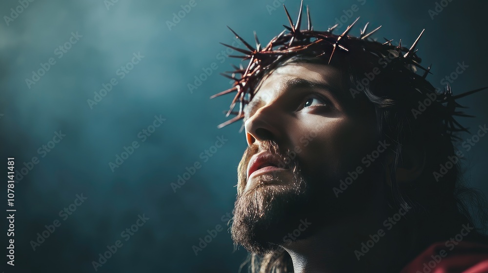 A thoughtful, serene image of Jesus Christ with a crown of thorns, symbolizing his sacrifice for humanity A thoughtful, serene image of Jesus Christ with a crown of thorns, symbolizing his sacrifice for humanity