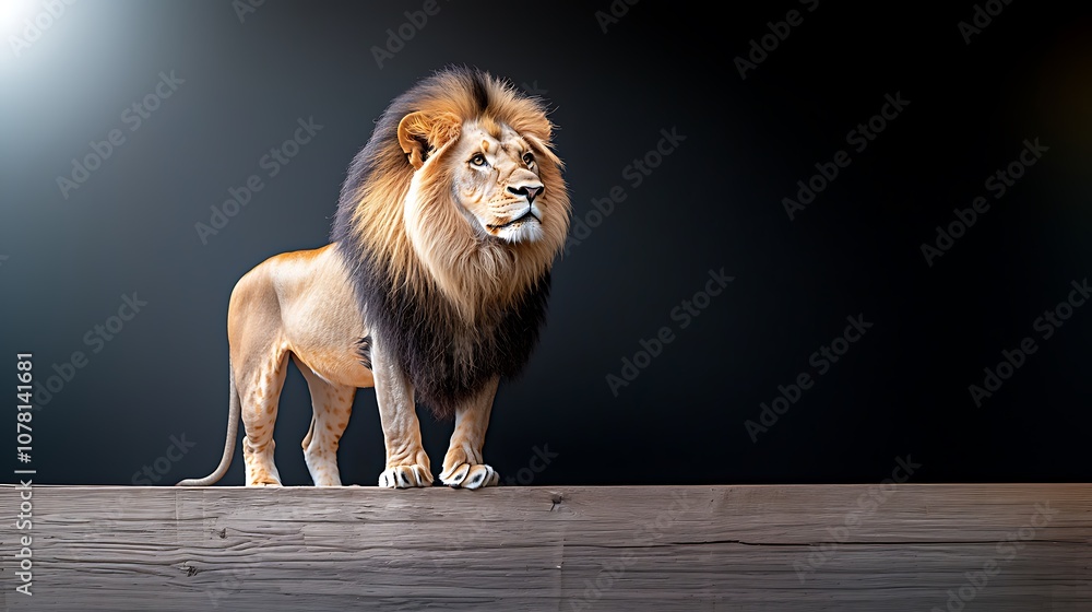 Fototapeta premium The majestic lion stood proudly against a stark black and white backdrop, its mane flowing in the wind as it gazed confidently into the distance, embodying the essence of strength and grace.