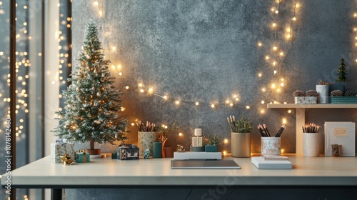 A contemporary office desk adorned with small Christmas quality pic.