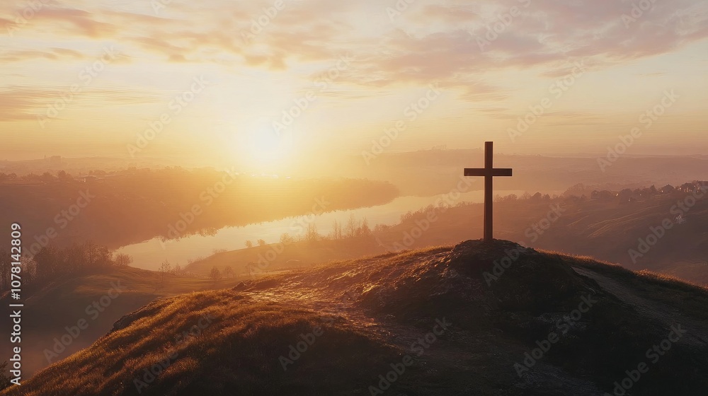 A wooden cross on a hill with a beautiful sunrise behind it, symbolizing Jesus resurrection and victory over death A wooden cross on a hill with a beautiful sunrise behind it, symbolizing Jesus resurrection and victory over death