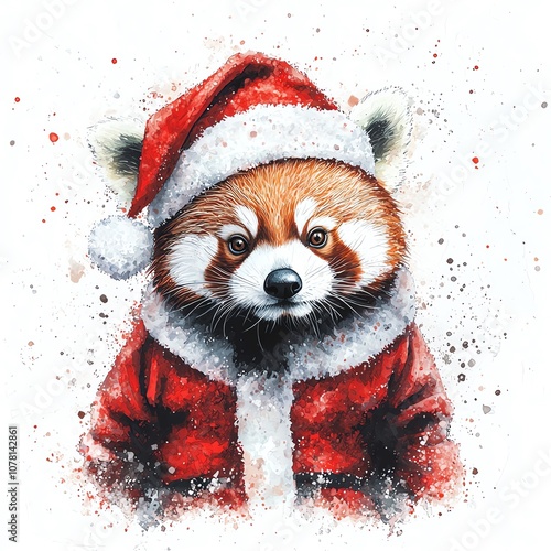 Adorable red panda wearing Santa suit and hat, watercolor illustration, loose brushstrokes, splatter effect on white background, festive and playful photo