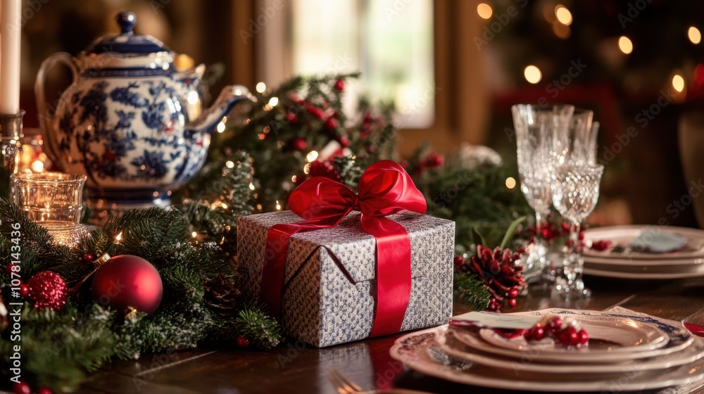 A gift with a red ribbon rests on a table amidst festive quality pic. A gift with a red ribbon rests on a table amidst festive quality pic.
