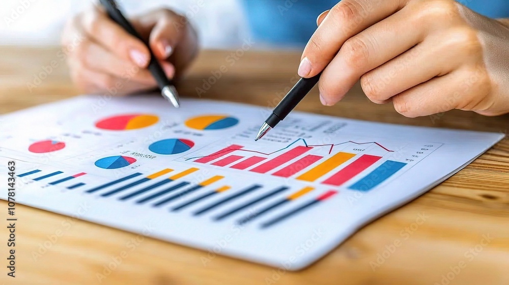 Hands Analyzing Financial Performance of Stocks with Graphs and Charts on a Table Surface - Investor Strategy in Action Hands Analyzing Financial Performance of Stocks with Graphs and Charts on a Table Surface - Investor Strategy in Action