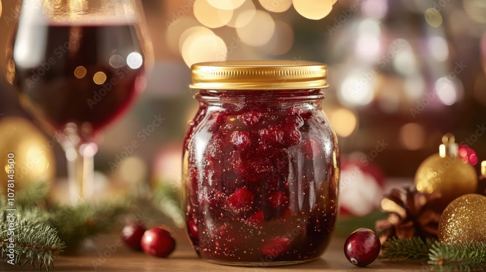 A jar of New Year jam with golden lid, filled with a mix of quality pic. A jar of New Year jam with golden lid, filled with a mix of quality pic.